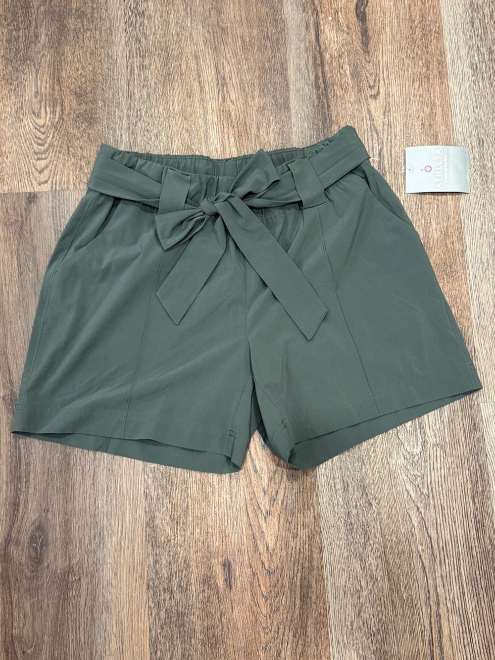 Athleta Olive Green High-Waist Tie Shorts